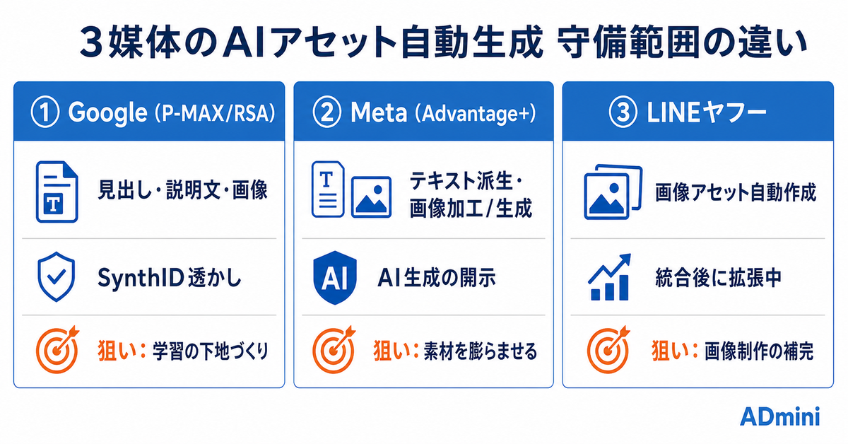 広告のAIアセット自動生成を媒体別に比較｜Google・Meta・LINEヤフーで任せられる範囲と手直しの勘所
