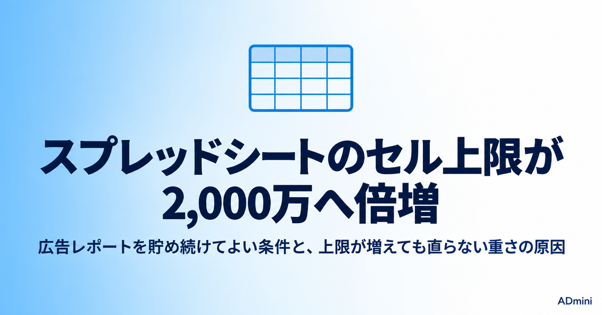 Googleスプレッドシートのセル上限が2,000万に倍増した2026年9月｜広告レポートを貯め続けてよい条件と、上限が増えても直らない重さ