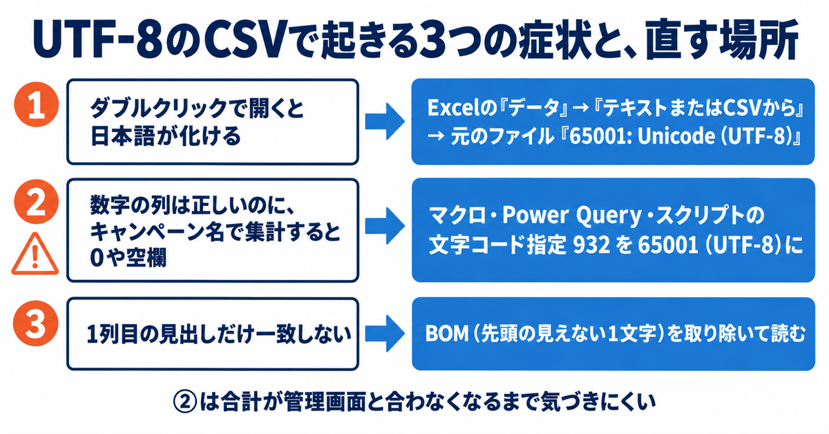 LINEヤフー広告（ディスプレイ広告）のCSVが10月20日からShift_JISで落とせなくなる｜Excelで文字化けさせない開き方と、集計マクロの直し方